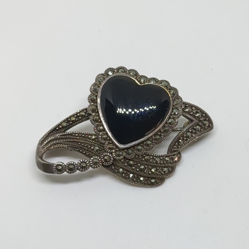 BROOCH HEART STERLING SILVER 925 BLACK ONYX MARCASITE VINTAGE